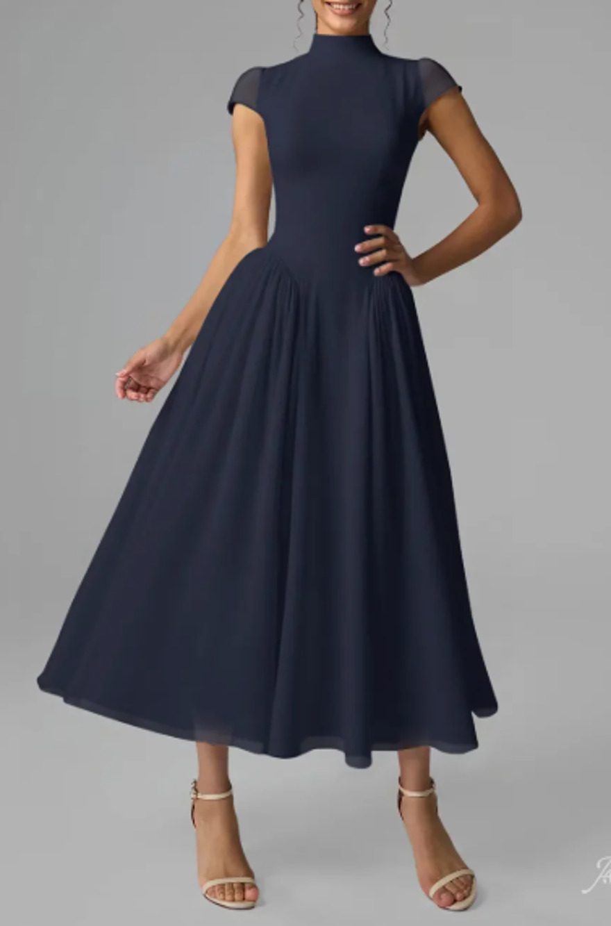 AW BRIDAL 8 M dark navy blue Aimee chiffon formal party midi dress NEW B36